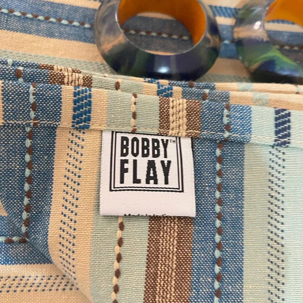 New Set of 4 Bobby Flay Cloth Napkins Rings Stripe Blue Green Tan Brown Linens